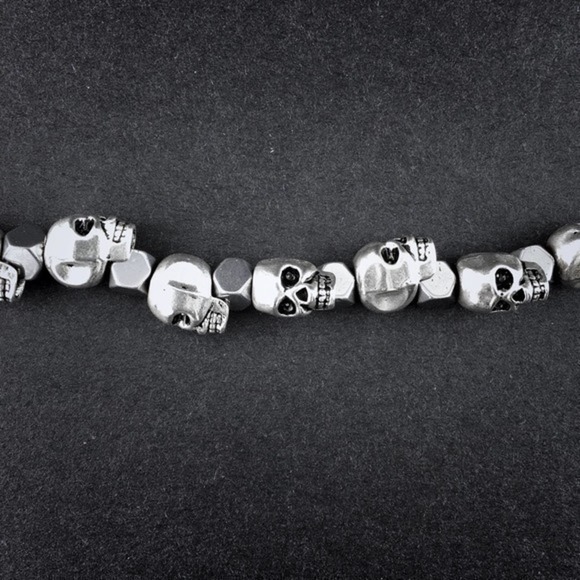 💀 Silver Skull & Hematite Beaded Bracelet Handmade Men’s Jewelry - Picture 3 of 5